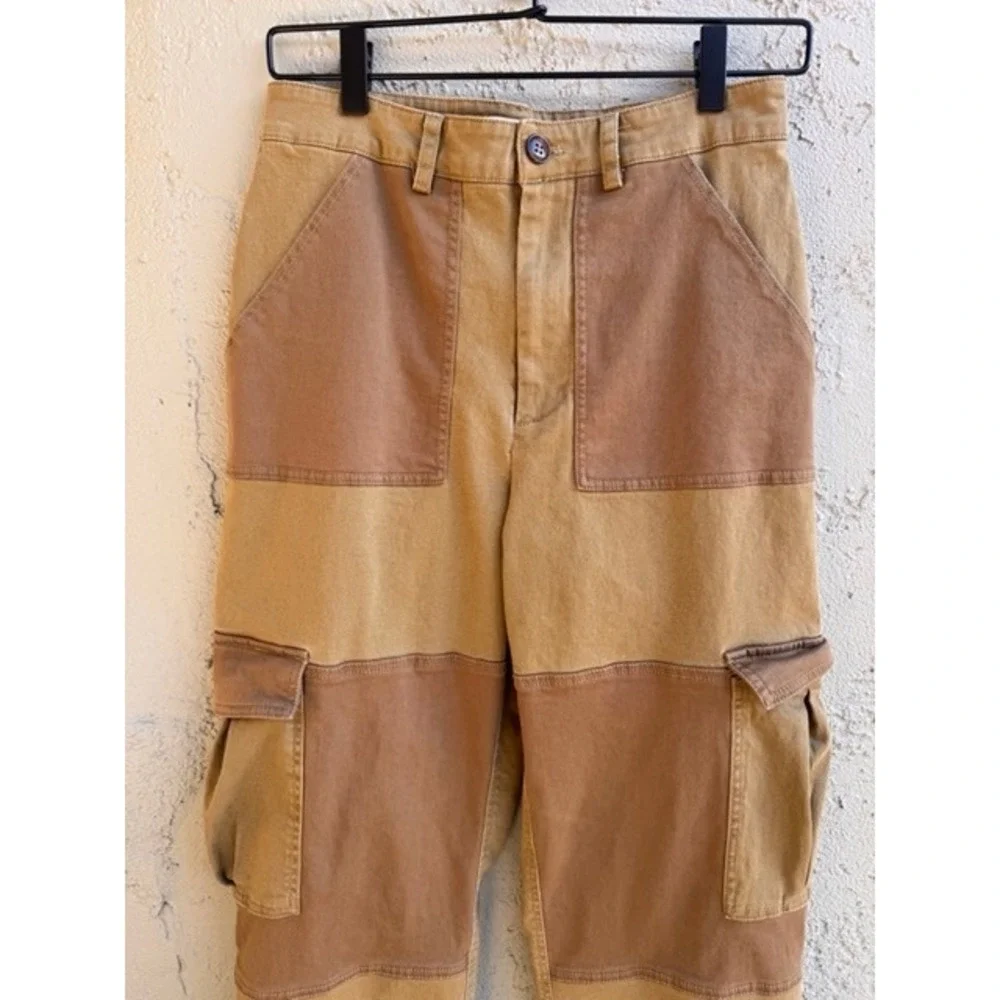 Avec Les Filles Anthropologie Womens Tan Patchwork Cropped Cargo Pants XS Boho